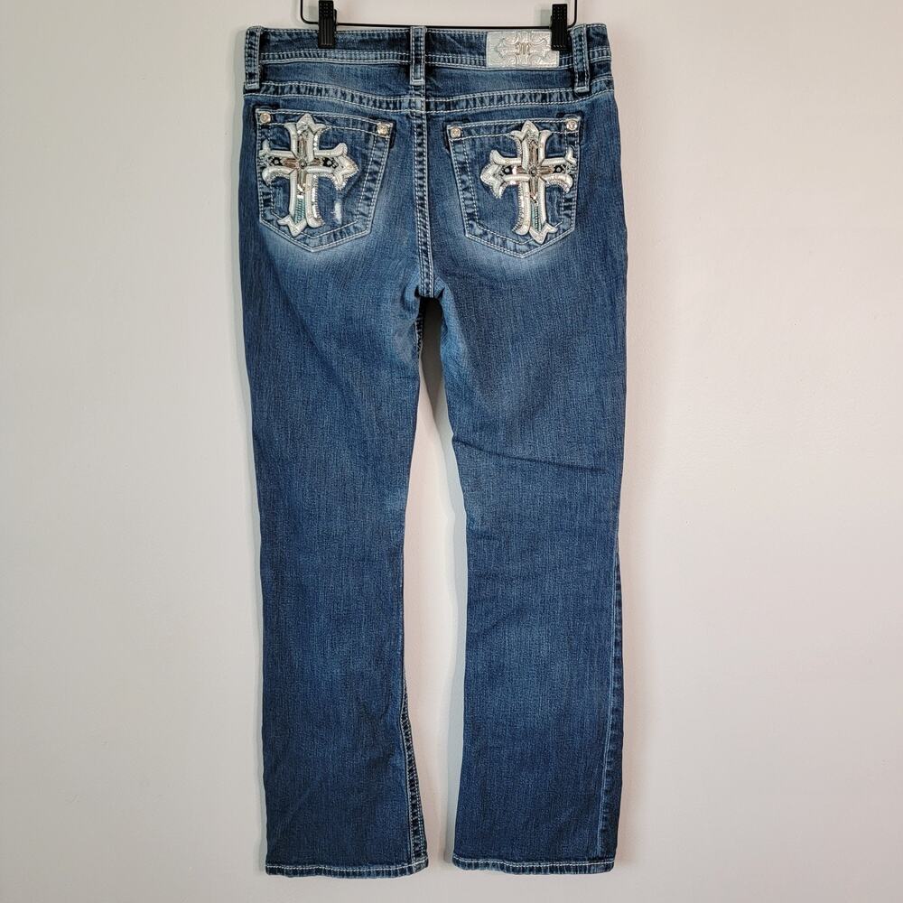 Miss Me Cross Low Rise Tailored Boot Jeans Sz 30 Whisker Rocker Biker Cowgirl